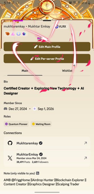 A profile page for 'Mukhtar Emkay' describing him as a 'Certified Creator + Exploring New Technology + AI Designer', with roles listed as 'Quantum Pioneer' and 'Waiting Room', surrounded by pink anime-style visual effects.