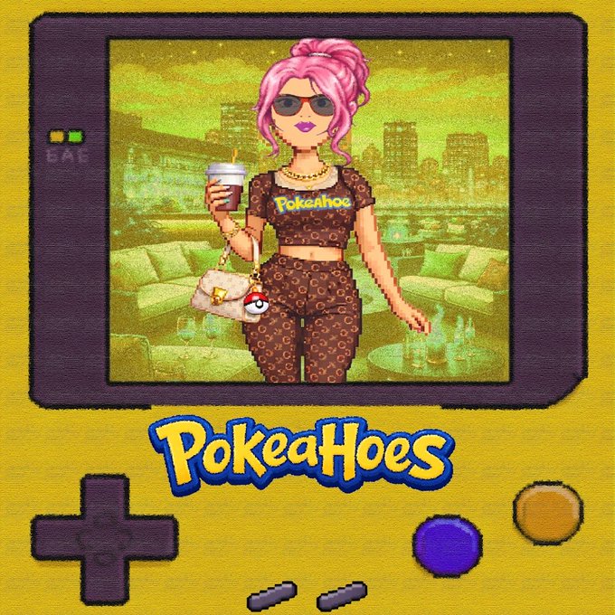 The image depicts a stylized cartoon girl with pink hair, sunglasses, and a "Pokeahoes" crop top holding a coffee cup and a Pokemon-themed handbag, displayed on a Game Boy Color-style screen with the title "PokeaHoes" below—directly matching the $POKEAHOE NFT project referenced in the post about minting and joining the Pokeahoesol community.