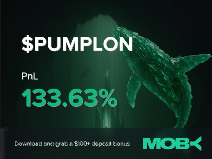 The image is a promotional graphic featuring "$PUMPLON" with a large green whale illustration and a highlighted PnL of 133.63%, advertising a "$100+ deposit bonus" to download Moby Mobile. It visualizes the post's win alert, showcasing the trader's impressive 133.63% profit on $PUMPLON, which has grown from $149.22K to $1.88M market cap since trending on Moby.