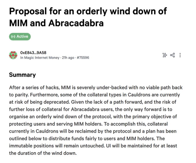 A proposal titled 'Proposal for an orderly wind down of MIM and Abracadabra' posted by 0xE843...9A58 in the Magic Internet Money forum, with a summary explaining that after a series of hacks, MIM is under-backed and proposing a plan to protect users and serve MIM holders.
