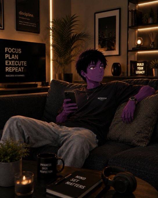 An anime-style illustration of a purple-skinned character lounging on a couch in a dimly lit room with motivational posters reading 'FOCUS PLAN EXECUTE REPEAT' and 'BUILD YOUR LEGACY'.