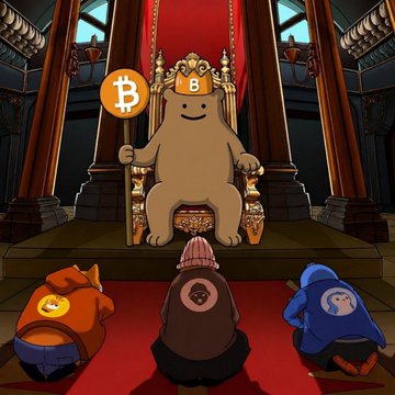 The image features a cartoon scene of three cartoon bears sitting around a throne, with one bear holding a Bitcoin sign. The other two bears are kneeling or sitting on the ground below the throne, appearing to pray or bow before the Bitcoin bear. The caption for the image reads "My memes entry @BITCOIN_GRIZZY Tag @Thebull88888 @moronmoronnn @chadsup_ $GRIZZY #RUNELETTER".