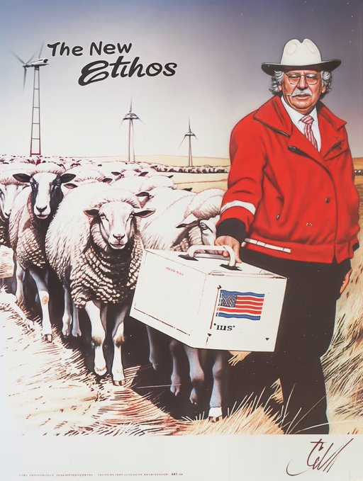 An illustrated poster titled "The New Ethos" depicts an older man in a red jacket and white cowboy hat carrying a white box adorned with an American flag, walking alongside a flock of sheep with wind turbines visible in the background.