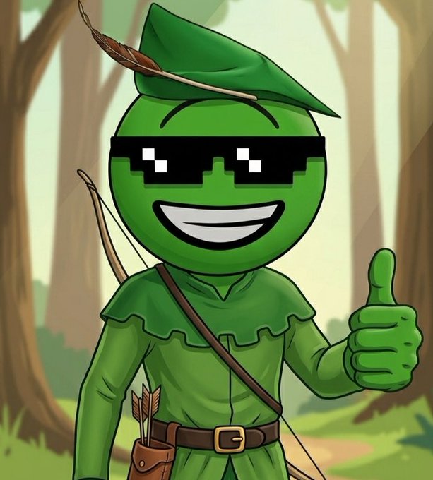 A cartoon green character dressed as Robin Hood, complete with a feathered hat, bow, and quiver of arrows, gives an enthusiastic thumbs-up while wearing pixelated "deal with it" sunglasses in a forest setting. The image's casual, carefree vibe aligns with the post's message of "Just a memecoin. Nothing more. Nothing less" and the laid-back "Just HOD in HOD" mentality, promoting the website justhodcoin.lovable.app.