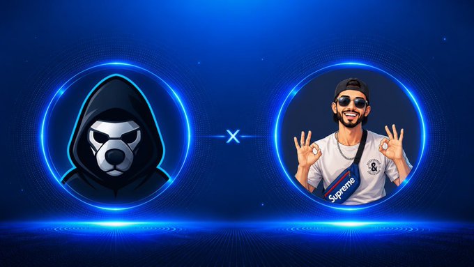 The image features a man wearing sunglasses and a hoodie with a white dog graphic on his shirt. The background of the image is blue with neon lights, creating an energetic atmosphere. There are two circles in the image, one containing a person's face and the other featuring a logo for RedoTrade.