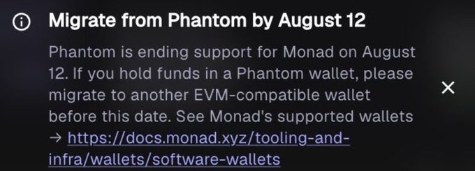 The image shows an urgent notification banner from Phantom wallet warning users to "Migrate from Phantom by August 12," as Phantom is ending support for the Monad blockchain, directing users to alternative EVM-compatible wallets via docs.monad.xyz.

This relates to the post's observation about bearish sentiment around Monad, as Phantom dropping support could contribute to negative perceptions even though it may also signal an opportunity for users to explore the broader Monad ecosystem.