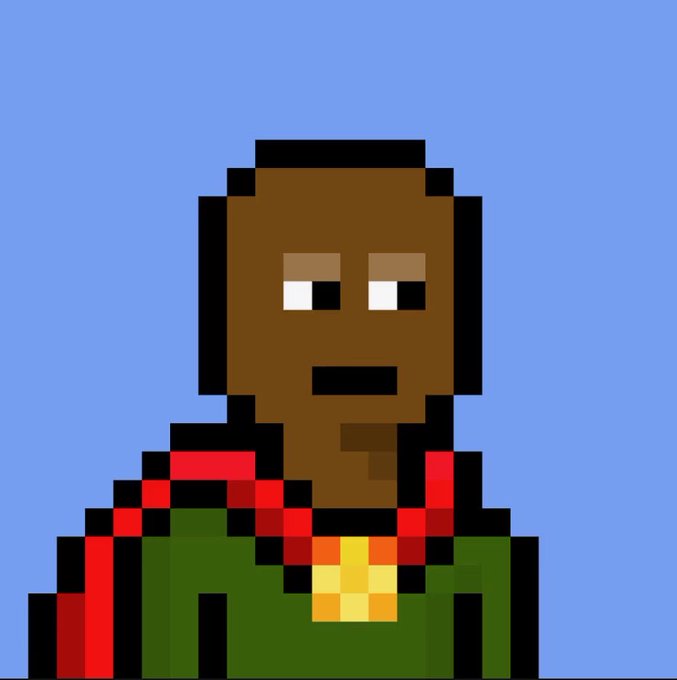 A pixel art portrait of a Black man wearing a green shirt, red scarf, and a gold medal is set against a blue background, suggesting a heroic or distinguished individual, fitting with the post's quip about contributing to a "superhero shortage."