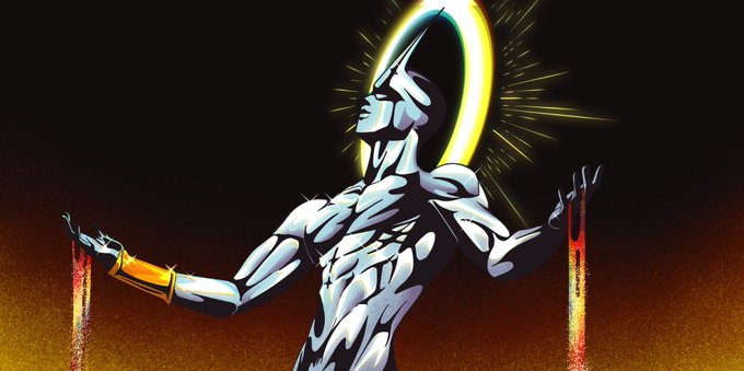A metallic humanoid figure stands triumphantly with arms outstretched, bathed in golden light from a radiant halo above its head, as crimson streams flow from its wrists. The image powerfully mirrors the post's theme of resurrection and rediscovery—evoking imagery of sacrifice and spiritual rebirth, suggesting that something believed lost has emerged transformed and luminous.
