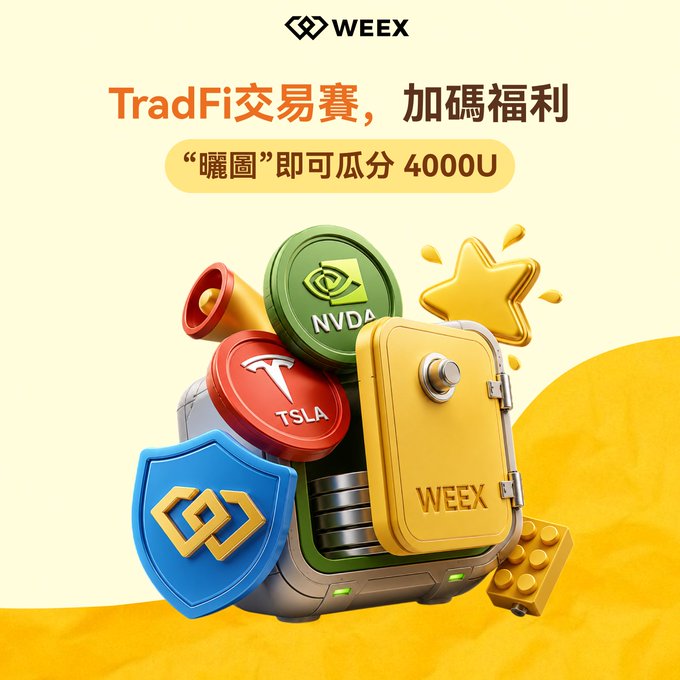 A promotional graphic for WEEX's TradFi Trading Competition featuring 3D illustrations of coins, a treasure chest, and a WEEX-branded vault with stock tokens for NVDA and TSLA, accompanied by the headline "TradFi交易賽，加碼福利" and a banner stating "'曬圖'即可瓜分 4000U" (Share your screenshot to split 4000U). The image visually reinforces the post's offer of a 100U position airdrop voucher giveaway for 40 randomly selected participants who complete a TradFi contract trade and share their trade screenshot.
