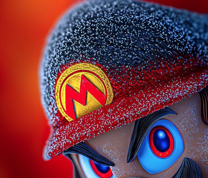 A close-up of a stylized cartoon character wearing a glittering red and dark cap featuring a yellow and red 'M' logo, with intense blue eyes against an orange background.
