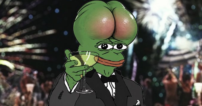 A digital illustration of the Pepe the Frog character dressed in a tuxedo and holding a martini glass against a blurred party background.