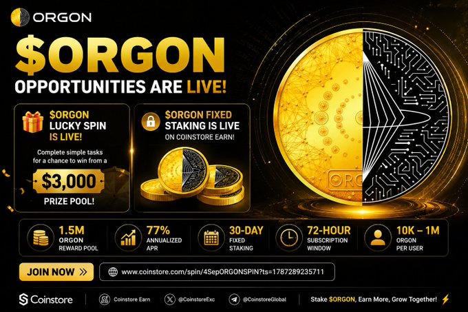 A promotional advertisement for $ORGON cryptocurrency featuring a gold and black coin, highlighting a $3,000 Lucky Spin prize pool, 77% annualized APR, 1.5M reward pool, and a Coinstore Earn staking program.