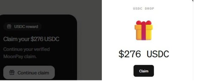 A split-screen interface showing a USDC reward notification on a dark phone mockup reading 'Claim your $276 USDC. Continue your verified MoonPay claim' next to a white screen displaying a gift icon and '$276 USDC' with a 'Claim' button.