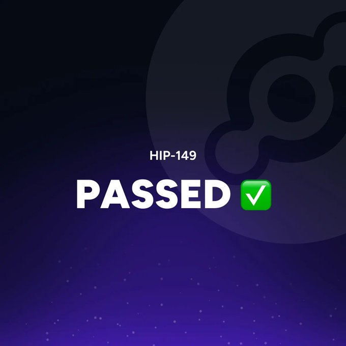 A graphic announcing 'HIP-149 PASSED' with a green checkmark, displayed over a dark blue/purple background with a planet-like design.