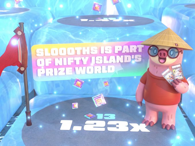 A promotional graphic for 'Nifty Island' featuring a pink cartoon pig character in a straw hat and glasses holding cards, with text reading 'SLOOOTHS IS PART OF NIFTY ISLAND'S PRIZE WORLD' and a '1.23x' multiplier.