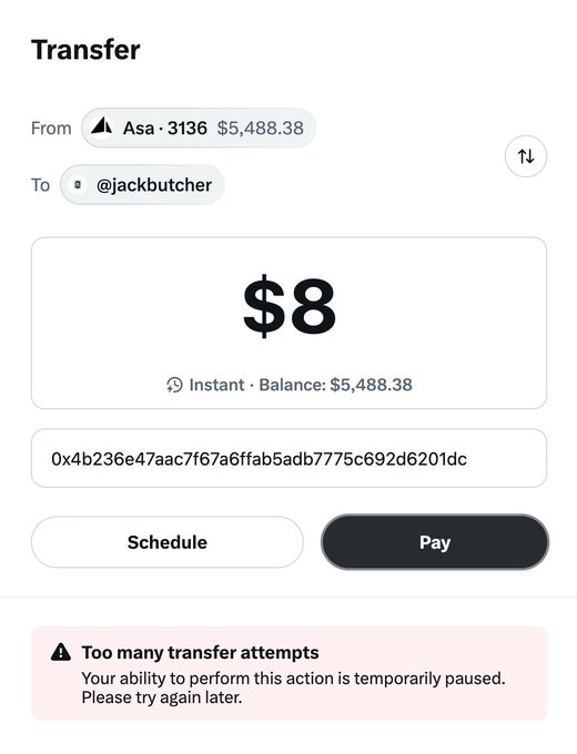 A transfer screen shows an $8 payment being attempted from an "Asa · 3136" account ($5,488.38 balance) to "@jackbutcher," but the transaction is blocked by a warning reading "Too many transfer attempts — Your ability to perform this action is temporarily paused." The image illustrates the poster's frustration that X Money is locked down, preventing them from sending or receiving funds despite having a healthy balance.