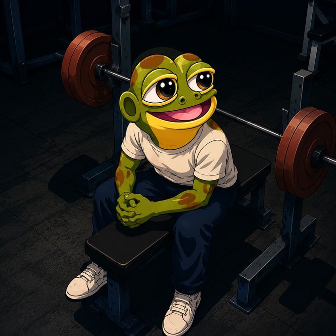 A cartoon illustration of a green frog-like character wearing a white t-shirt and jeans, sitting on a bench in a gym setting with a barbell behind it.