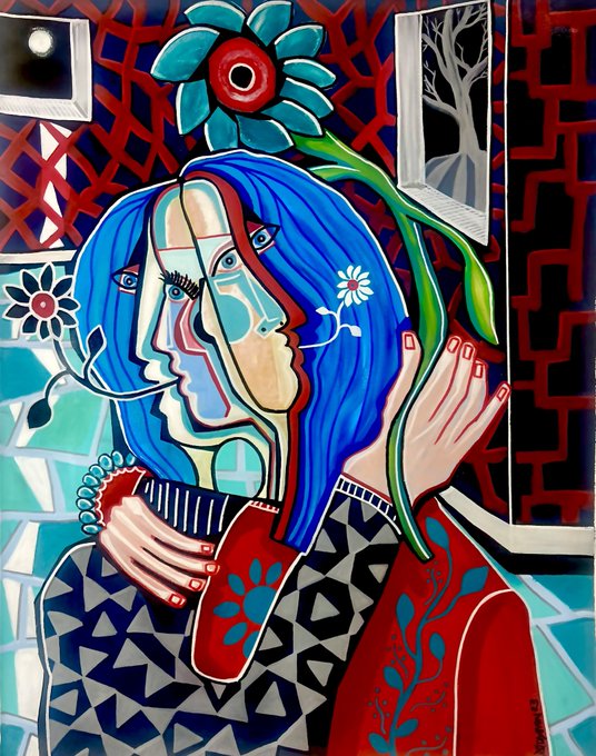 A vibrant cubist-style painting featuring a figure with blue hair, distorted facial features, and a large red and teal flower on top, surrounded by geometric patterns.