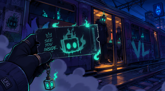 A hand holds a glowing cyan ticket reading "SEE YOU INSIDE" with a small robotic mascot head, set against a graffiti-covered subway train at night.