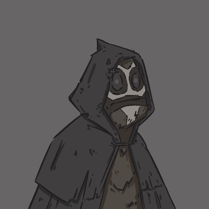The image features a black hooded figure with a face, possibly a character or a monster from a video game or comic book series. The figure appears to be wearing a cape-like garment that covers their entire body. The background of the image is gray, which further emphasizes the dark and mysterious nature of the figure's appearance.