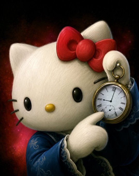 Hello Kitty, styled in an elegant blue gown and iconic red bow, holds a vintage pocket watch—symbolically representing time and ambition—as she gazes outward, aligning with the post's bold claim of "$kitty world order" and the pursuit of the "#1 cat coin" spot in the meme coin space.