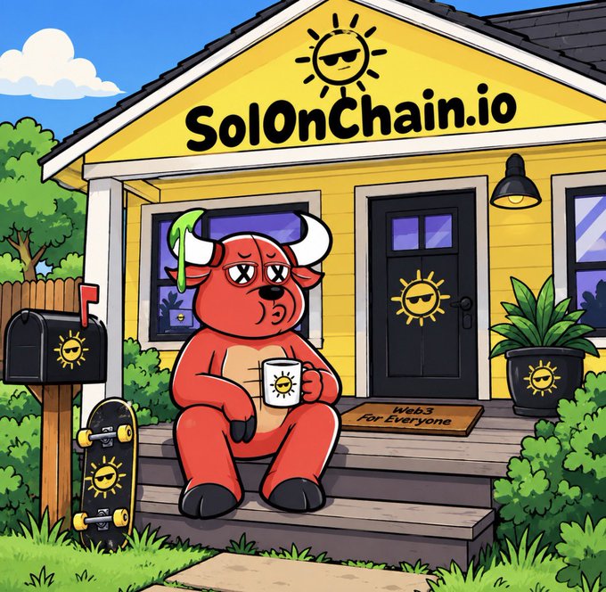 A colorful cartoon illustration shows a red bull character sitting on the porch of a yellow house with the text 'SolOnChain.io' above it, holding a mug with a sun logo, with a skateboard and mailbox nearby.