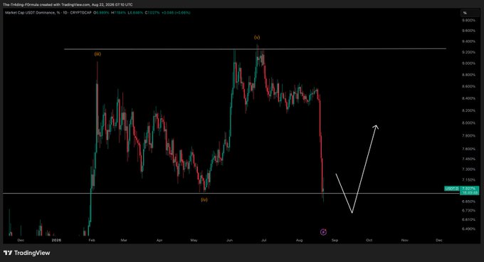 A TradingView chart displays USDT Dominance (CRYPTOCAP:USDT.D) on a 1-day timeframe, showing price action declining from a peak near 9.200% in August 2024 down to around 7.150%, with Elliott Wave labels (i), (ii), (iii), (iv), (v) marking key swing points and a white arrow indicating an expected bounce — consistent with the post's message that a liquidity sweep has completed and crypto should now stall temporarily before new highs emerge.