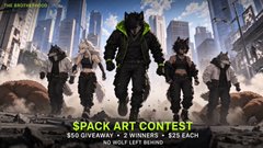 A promotional image for a SPACK ART CONTEST offering 2 winners $25 each, featuring armored wolf-like characters standing in a futuristic cityscape. The image, shared by @CryptoEmpressX, aligns with the post's mention of supporting the $PACK project and @NoWolfAlone.