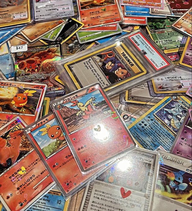 A scattered collection of Pokémon trading cards in protective sleeves, featuring various Japanese-language cards including a Wacan Berry card with -60 HP, a Plusle card, and what appears to be a Dragonite, all with price stickers attached.