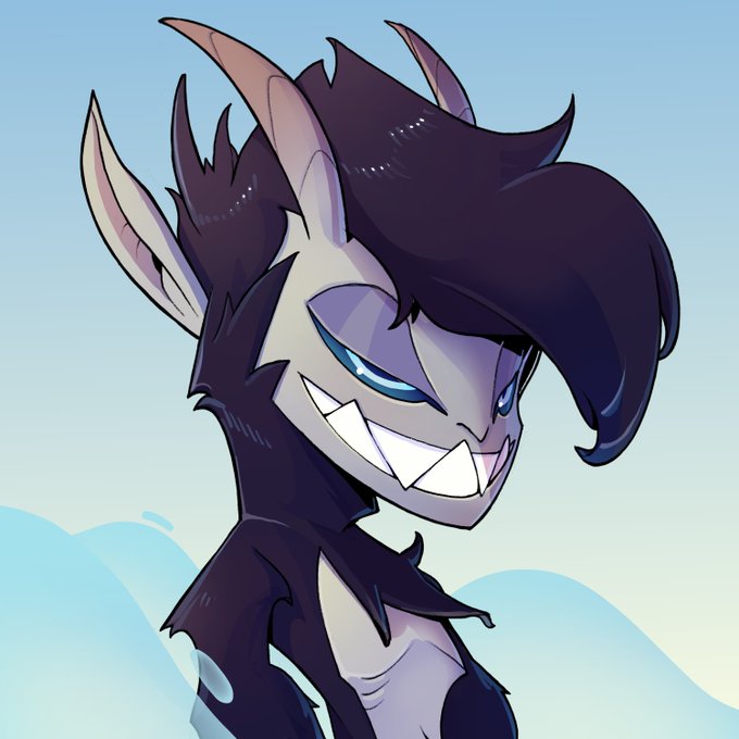 A digital illustration of an anime-style character with dark purple hair, pointed ears, sharp teeth, and a mischievous grin, set against a light blue sky background with clouds.