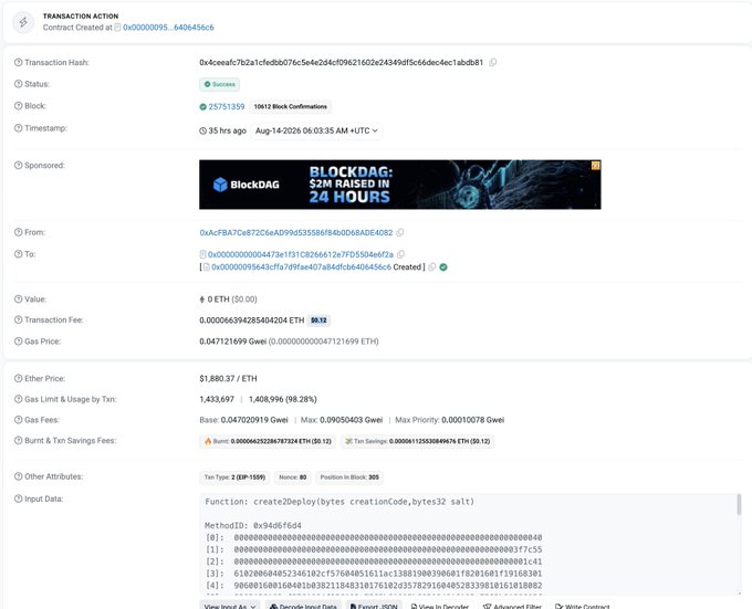 A blockchain transaction record for BlockDAG showing a successful contract creation on Aug-14-2026, including transaction fees, gas prices, and a banner stating 'BLOCKDAG: $2M RAISED IN 24 HOURS'.
