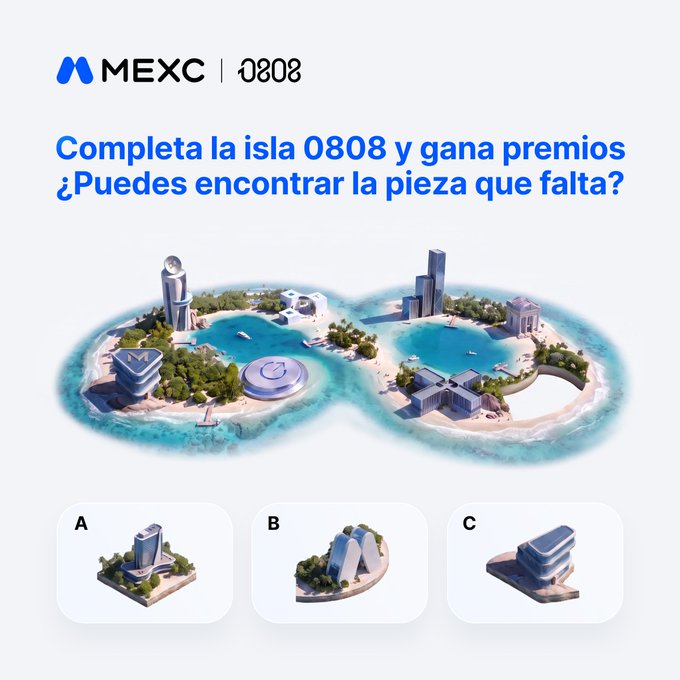 A MEXC x 0808 promotional graphic in Spanish asking users to complete island 0808 and find the missing piece, showing three options (A, B, C) with various structures.