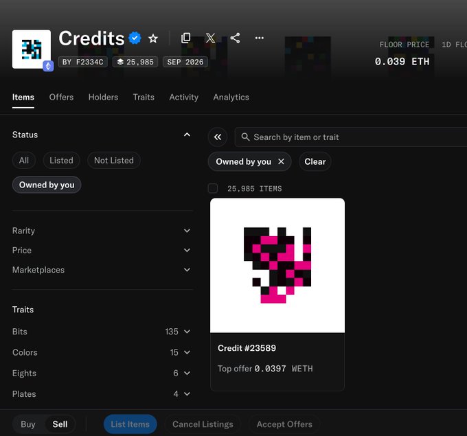 Screenshot of an NFT marketplace showing a 'Credits' collection with 25,985 items, displaying a pink and black pixelated heart artwork.