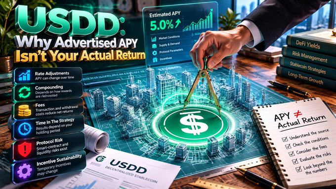 A financial infographic titled 'USDD: Why Advertised APY Isn't Your Actual Return,' displaying an estimated 5.0% APY, a city skyline with a compass on a dollar sign, and points covering Rate Adjustments, Compounding, Fees, Time In The Strategy, Protocol Risk, and Incentive Sustainability, featuring the USDD Decentralized Stablecoin logo.