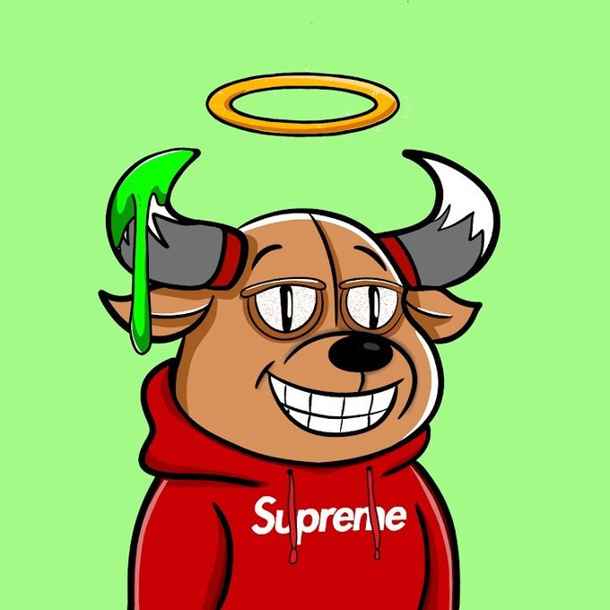 A cartoon illustration of a smiling bull character with horns, a halo, and green slime dripping from one horn, wearing a red hoodie with 'Supreme' written on it, set against a light green background.