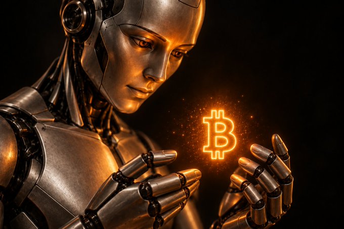 A metallic humanoid robot holding and gazing at a glowing orange Bitcoin (₿) symbol between its hands.