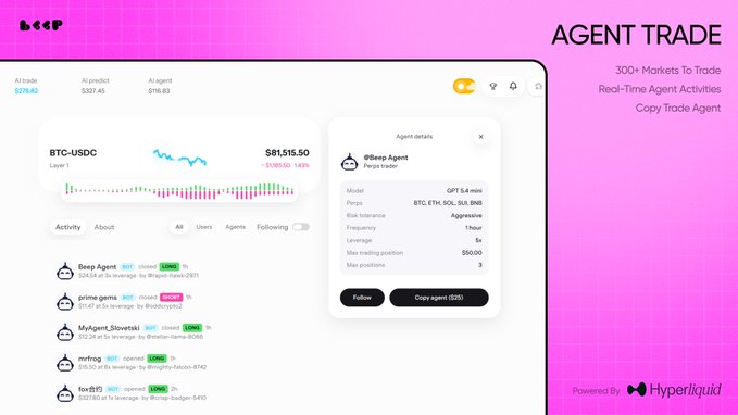 A promotional screen for “AGENT TRADE” shows a BTC-USDC trading feed with live agent activity, including “@Beep Agent,” “prime_gems,” and “MyAgent_Silverski.” The interface highlights “300+ Markets To Trade,” real-time agent activities, and a “Copy Agent” button, alongside details such as a 1-hour frequency, $50.00 max trading position, and an $81,515.50 asset value.