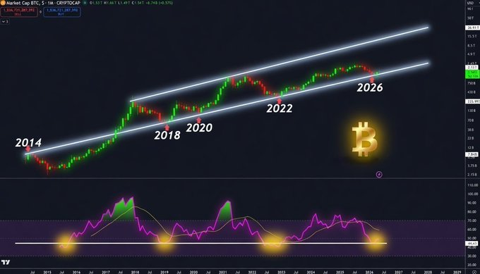 The image shows a Bitcoin (BTC) chart on a 1-month timeframe, displaying a long-term ascending channel with key years marked (2014, 2018, 2020, 2022, and a projected 2026), along with a momentum oscillator at the bottom showing historical accumulation phases. This visually supports the post's claim that BTC has bottomed in February 2026 after bouncing off a 12-year trendline, suggesting accumulation before a significant upward move.