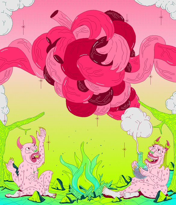 A vibrant digital illustration featuring pink demon-like figures with horns in a surreal landscape, with a large pink mass of tangled intestines or organs floating above them against a pink sky.