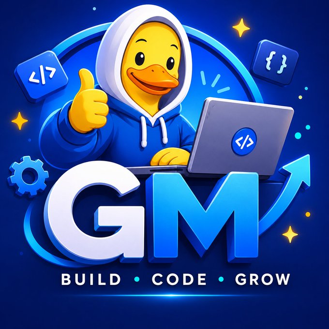 A cheerful cartoon duck in a blue hoodie gives a thumbs-up while working on a laptop displaying a code icon, surrounded by gears and code brackets. The image features large "GM" lettering with the tagline "BUILD • CODE • GROW," playfully reinforcing the crypto community's classic "GM" (good morning) greeting with a developer/coder twist.