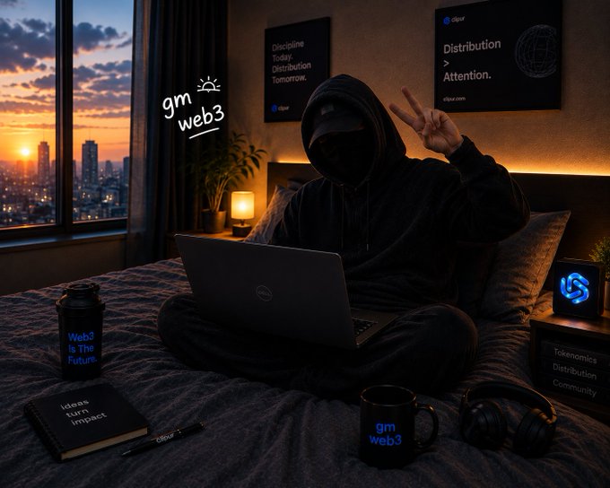 A hooded figure wearing a cap sits cross-legged on a bed at sunset, working on a Dell laptop and flashing a peace sign, surrounded by web3-themed decor including a "gm web3" doodle, posters reading "Discipline Today, Distribution Tomorrow" and "Distribution > Attention," and items branded with "gm web3" and "Web3 Is The Future," perfectly embodying the post's message of consistent building and discipline in the crypto space.