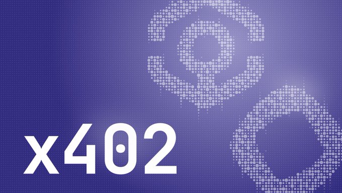 A purple graphic displays the text 'x402' alongside circular patterns made of dots, suggesting a digital or technological theme.