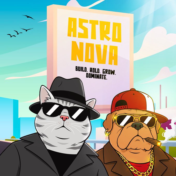 A cartoon cat in a black fedora and sunglasses stands beside a bulldog wearing a red cap and gold chain, both posing in front of a large sign reading "ASTRO NOVA - BUILD. HOLD. GROW. DOMINATE." The tough, gangsta-style mascots visually reinforce the post's message about building a strong early community (the "Nova Army") for the @Astronovasol project.