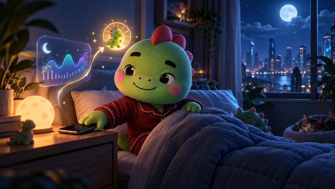 A 3D-rendered green dinosaur character in red pajamas lying in bed looking at a floating holographic screen, with a small green dinosaur and a cat nearby in a moonlit room.