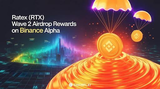 The image features a poster advertising an upcoming Binance Alpha airdrop, which offers rewards for users who participate in the cryptocurrency market. The poster includes two gold coins floating above a city skyline, with parachutes descending from them. The text on the poster encourages people to join the airdrop and claim their rewards by clicking on the image or visiting the website www.chainplay.gg/blog/binance-a for more information about the Binance Alpha airdrop.