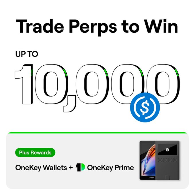 A promotional banner for the OneKey Perps Trading Challenge featuring the headline "Trade Perps to Win" with rewards of up to 10,000 USDC, plus OneKey Wallets and a OneKey Prime membership, displayed alongside an image of a OneKey hardware wallet. The graphic visually supports the post's announcement of the September 4 trading competition and its tiered prize structure.