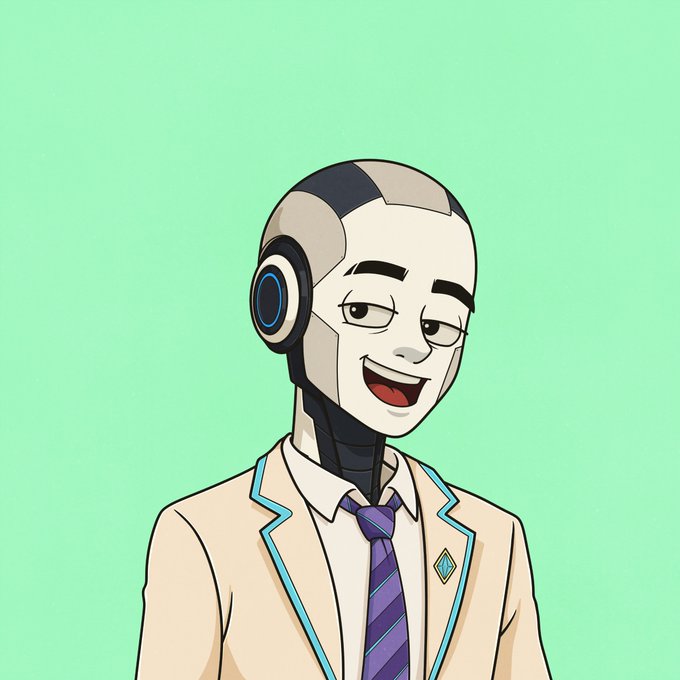 A digital illustration depicts a humanoid robot character with a white and black mechanical head, wearing a beige suit jacket with teal trim, a white shirt, and a purple striped tie.