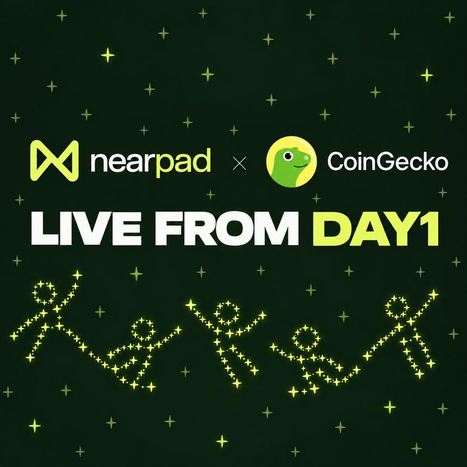 A promotional graphic on a dark green starry background announces a partnership between Nearpad and CoinGecko, featuring the text 'LIVE FROM DAY1' and stylized Japanese/Chinese characters made of glowing yellow stars.