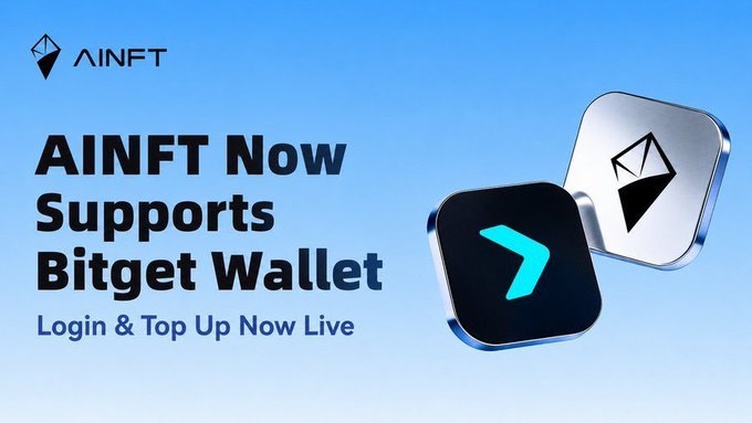 A promotional graphic with a blue gradient background displays the text 'AINFT Now Supports Bitget Wallet - Login & Top Up Now Live' alongside icons for AINFT and Bitget.