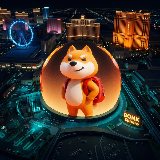 A 3D-rendered Shiba Inu dog wearing a red backpack stands inside a large glowing sphere labeled 'BONK Sphere,' set against a nighttime Las Vegas skyline featuring the High Roller Ferris wheel and casino hotels.